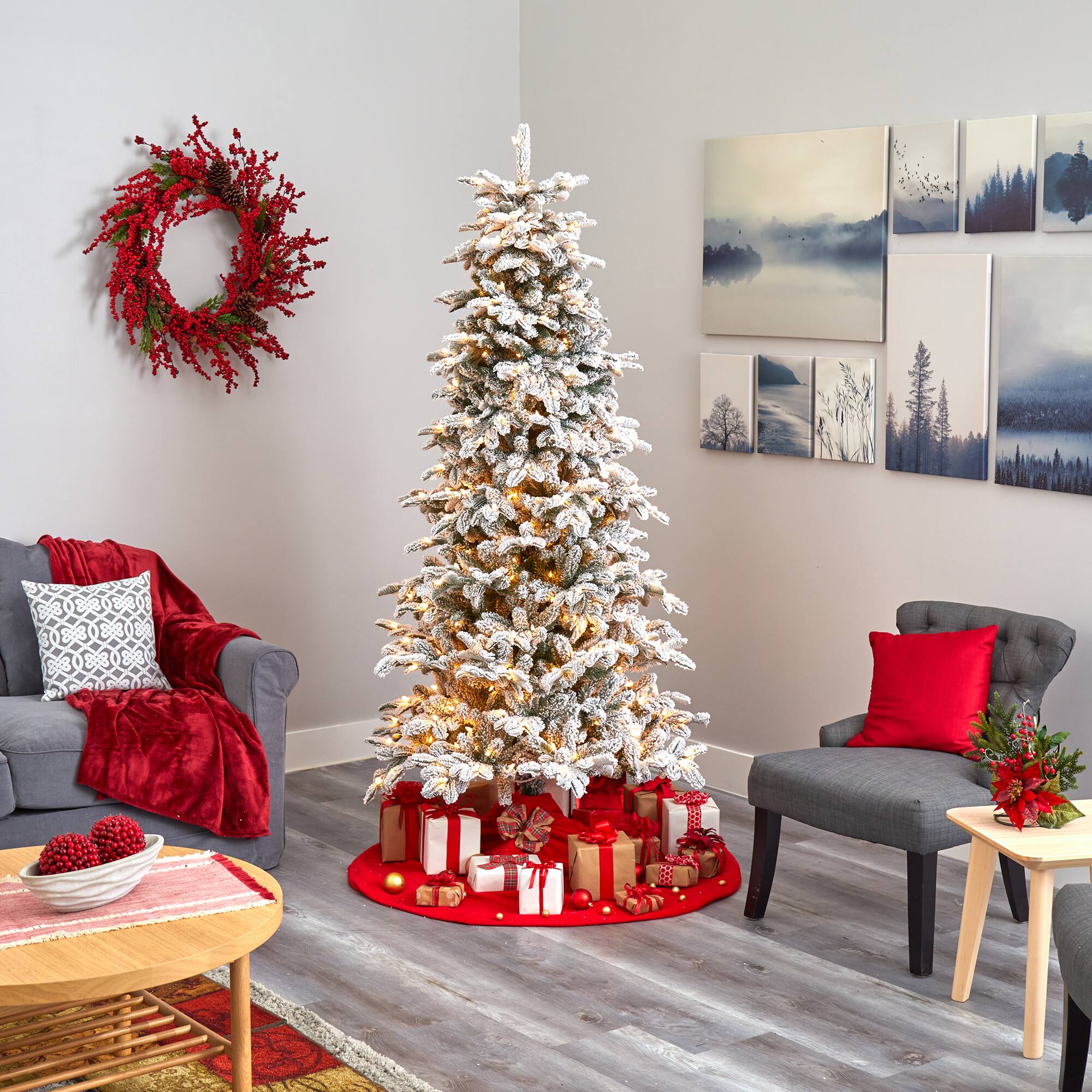 7ft. Pre-Lit Flocked North Carolina Fir Artificial Christmas Tree with Warm White Lights